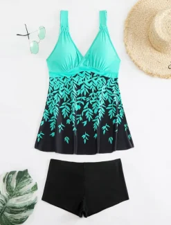 Women's Swimwear Swimdresses 2 Piece Tankini Swimsuit Backless Slim Vacation Beach Wear Floral V Neck Sleeveless Bathing Suits Women Swimdresses
