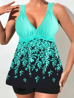 Women's Swimwear Swimdresses 2 Piece Tankini Swimsuit Backless Slim Vacation Beach Wear Floral V Neck Sleeveless Bathing Suits Women Swimdresses
