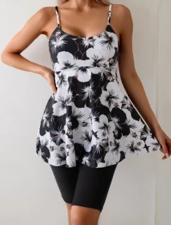 Outlet Women's Swimwear Swimdresses 2 Piece Tankini Swimsuit Backless Slim Vacation Beach Wear Floral U Neck Sleeveless Bathing Suits Women Swimdresses