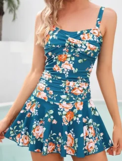 New Women's Swimwear Swimdresses One Piece Monokini Tankini Swimsuit Backless Tummy Control High Waist Slim Vacation Beach Wear Floral V Neck Sleeveless Bathing Suits Women Swimdresses