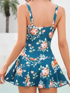 New Women's Swimwear Swimdresses One Piece Monokini Tankini Swimsuit Backless Tummy Control High Waist Slim Vacation Beach Wear Floral V Neck Sleeveless Bathing Suits Women Swimdresses