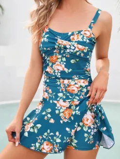 New Women's Swimwear Swimdresses One Piece Monokini Tankini Swimsuit Backless Tummy Control High Waist Slim Vacation Beach Wear Floral V Neck Sleeveless Bathing Suits Women Swimdresses