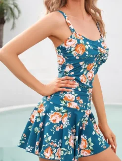 New Women's Swimwear Swimdresses One Piece Monokini Tankini Swimsuit Backless Tummy Control High Waist Slim Vacation Beach Wear Floral V Neck Sleeveless Bathing Suits Women Swimdresses