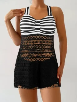 Discount Women's Swimwear Swimdresses 2 Piece Tankini Swimsuit Backless High Waist Vacation Beach Wear Stripe Halter Neck Sleeveless Bathing Suits Women Swimdresses