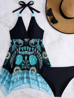 Outlet Women's Swimwear Swimdresses 2 Piece Cheeky Tankini Swimsuit Backless High Waist Slim Vacation Beach Wear Graphic Halter Neck Sleeveless Bathing Suits Women Bikinis|Swimdresses