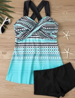 Sale Women's Swimwear Swimdresses 2 Piece Tankini Swimsuit Backless High Waist Vacation Beach Wear Geometric V Neck Sleeveless Bathing Suits Women Swimdresses