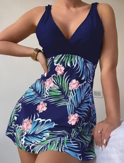 Outlet Women's Swimwear Swimdresses Tummy Control Tankini Swimsuit Backless Tummy Control High Waist Slim Vacation Beach Wear Graphic V Neck Sleeveless Bathing Suits Women Swimdresses