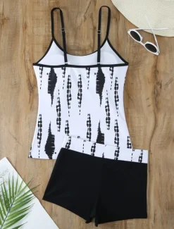 Discount Women's Swimwear Tankini 2 Piece Boy Leg Swimsuit Backless High Waist Vacation Beach Wear Graphic Round Neck Sleeveless Bathing Suits Women Tankinis
