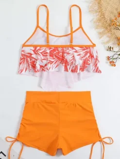 Online Women's Swimwear Tankini 2 Piece Boy Leg Swimsuit Backless High Waist Vacation Beach Wear Leaves V Neck Sleeveless Bathing Suits Women Tankinis