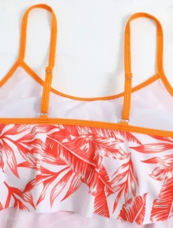 Online Women's Swimwear Tankini 2 Piece Boy Leg Swimsuit Backless High Waist Vacation Beach Wear Leaves V Neck Sleeveless Bathing Suits Women Tankinis