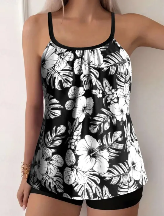 Online Women's Swimwear Tankini 2 Piece Boy Leg Swimsuit Backless High Waist Vacation Beach Wear Floral Leaves Round Neck Sleeveless Bathing Suits Women Tankinis|Spring Swimwear