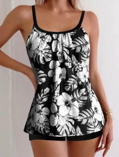 Online Women's Swimwear Tankini 2 Piece Boy Leg Swimsuit Backless High Waist Vacation Beach Wear Floral Leaves Round Neck Sleeveless Bathing Suits Women Tankinis|Spring Swimwear