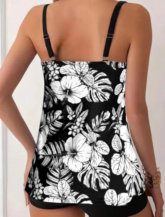 Online Women's Swimwear Tankini 2 Piece Boy Leg Swimsuit Backless High Waist Vacation Beach Wear Floral Leaves Round Neck Sleeveless Bathing Suits Women Tankinis|Spring Swimwear