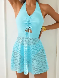 New Women's Swimwear Tankini 2 Piece Cheeky Swimsuit Mesh Backless High Waist Vacation Beach Wear Solid Color V Neck Sleeveless Bathing Suits Women Tankinis