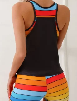 Hot Women's Swimwear Tankini 2 Piece Boy Leg Swimsuit Backless High Waist Vacation Beach Wear Stripe V Neck Sleeveless Bathing Suits Women Tankinis