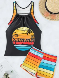 Hot Women's Swimwear Tankini 2 Piece Boy Leg Swimsuit Backless High Waist Vacation Beach Wear Stripe V Neck Sleeveless Bathing Suits Women Tankinis