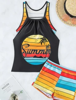Hot Women's Swimwear Tankini 2 Piece Boy Leg Swimsuit Backless High Waist Vacation Beach Wear Stripe V Neck Sleeveless Bathing Suits Women Tankinis