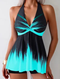Discount Women's Swimwear Tankini 2 Piece Boy Leg Swimsuit Backless High Waist Vacation Beach Wear Ombre Paisley V Neck Sleeveless Bathing Suits Women Tankinis
