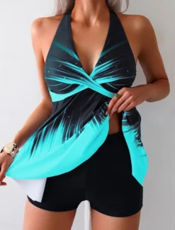 Discount Women's Swimwear Tankini 2 Piece Boy Leg Swimsuit Backless High Waist Vacation Beach Wear Ombre Paisley V Neck Sleeveless Bathing Suits Women Tankinis