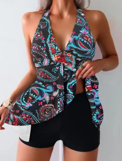 Discount Women's Swimwear Tankini 2 Piece Boy Leg Swimsuit Backless High Waist Vacation Beach Wear Ombre Paisley V Neck Sleeveless Bathing Suits Women Tankinis