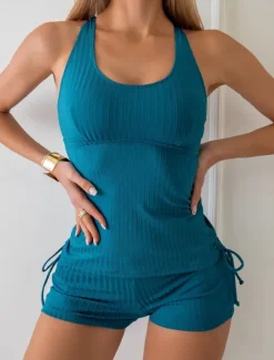 Online Women's Swimwear Tankini 2 Piece Boy Leg Swimsuit Backless High Waist Vacation Beach Wear Solid Color U Neck Sleeveless Bathing Suits Women Tankinis