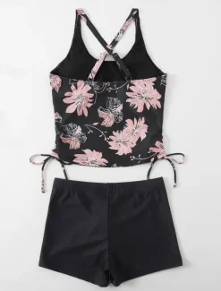 Clearance Women's Swimwear Tankini 2 Piece Boy Leg Swimsuit Backless Drawstring High Waist Vacation Beach Wear Floral U Neck Sleeveless Bathing Suits Women Tankinis