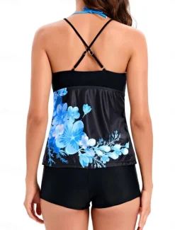 Discount Women's Swimwear Tankini 2 Piece Boy Leg Swimsuit Backless High Waist Vacation Beach Wear Floral V Neck Sleeveless Bathing Suits Women Tankinis