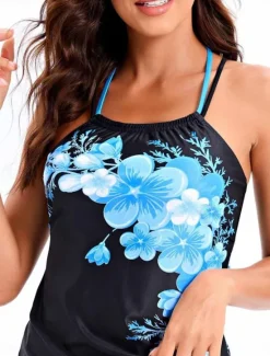 Discount Women's Swimwear Tankini 2 Piece Boy Leg Swimsuit Backless High Waist Vacation Beach Wear Floral V Neck Sleeveless Bathing Suits Women Tankinis