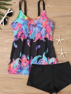 Clearance Women's Swimwear Tankini 2 Piece Boy Leg Swimsuit Backless High Waist Vacation Beach Wear Paisley V Neck Sleeveless Bathing Suits Women Tankinis