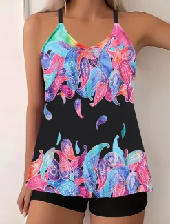 Clearance Women's Swimwear Tankini 2 Piece Boy Leg Swimsuit Backless High Waist Vacation Beach Wear Paisley V Neck Sleeveless Bathing Suits Women Tankinis