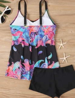 Clearance Women's Swimwear Tankini 2 Piece Boy Leg Swimsuit Backless High Waist Vacation Beach Wear Paisley V Neck Sleeveless Bathing Suits Women Tankinis