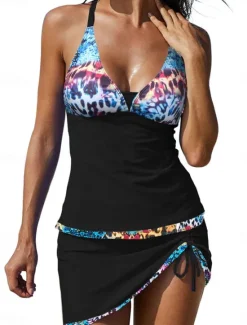Discount Women's Swimwear Tankini 2 Piece Skirt Swimsuit Backless High Waist Vacation Beach Wear Floral Leopard V Neck Sleeveless Bathing Suits Women Leopard Swimwear|Tankinis