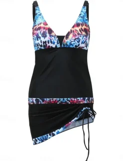 Discount Women's Swimwear Tankini 2 Piece Skirt Swimsuit Backless High Waist Vacation Beach Wear Floral Leopard V Neck Sleeveless Bathing Suits Women Leopard Swimwear|Tankinis