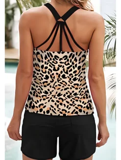 Online Women's Swimwear Tankini 2 Piece Boy Leg Swimsuit Backless High Waist Vacation Beach Wear Leopard Halter Neck Sleeveless Bathing Suits Women Leopard Swimwear|Tankinis