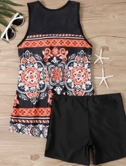 Discount Women's Swimwear Tankini 2 Piece Boy Leg Swimsuit Backless High Waist Vacation Beach Wear Floral V Neck Sleeveless Bathing Suits Women Tankinis