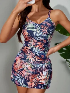 Best Women's Swimwear Tankini 2 Piece Skirt Swimsuit Backless High Waist Vacation Beach Wear Leaves V Neck Sleeveless Bathing Suits Women Tankinis|Spring Swimwear