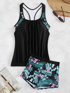 Outlet Women's Swimwear Tankini 2 Piece Shorts Swimsuit Backless Tummy Control High Waist Slim Vacation Beach Wear Floral Graphic U Neck Sleeveless Bathing Suits Women Tankinis