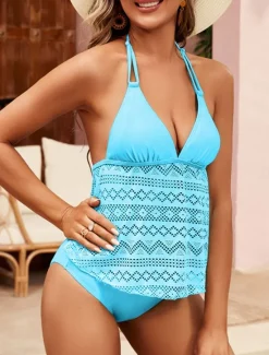 Online Women's Swimwear Tankini 2 Piece Briefs Swimsuit Backless High Waist Cut Out Vacation Beach Wear Solid Color V Neck Sleeveless Bathing Suits Women Tankinis