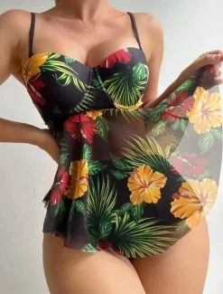 Outlet Women's Swimwear Tankini 2 Piece Cheeky Swimsuit Backless High Waist Vacation Beach Wear Floral V Neck Sleeveless Bathing Suits Women Tankinis
