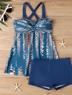 New Women's Swimwear Tankini 2 Piece Boy Leg Swimsuit Backless High Waist Vacation Beach Wear Geometric V Neck Sleeveless Bathing Suits Women Tankinis