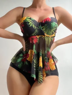 Sale Women's Swimwear Tankini 2 Piece Cheeky Swimsuit Backless High Waist Vacation Beach Wear Leaves V Neck Sleeveless Bathing Suits Women Tankinis