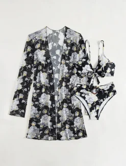 Hot Women's Swimwear Three Piece Swimsuit Tummy Control High Waist Vacation Beach Wear Graphic V Neck Long Sleeve Bathing Suits Women Bikinis