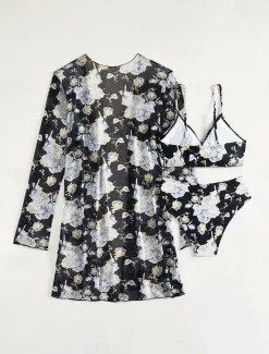 Hot Women's Swimwear Three Piece Swimsuit Tummy Control High Waist Vacation Beach Wear Graphic V Neck Long Sleeve Bathing Suits Women Bikinis