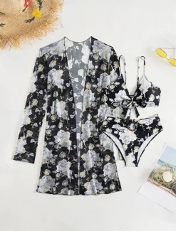 Hot Women's Swimwear Three Piece Swimsuit Tummy Control High Waist Vacation Beach Wear Graphic V Neck Long Sleeve Bathing Suits Women Bikinis