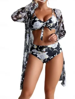 Hot Women's Swimwear Three Piece Swimsuit Tummy Control High Waist Vacation Beach Wear Graphic V Neck Long Sleeve Bathing Suits Women Bikinis