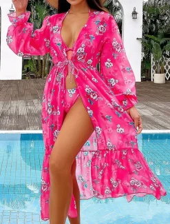 Women's Swimwear Three Piece Swimsuit Backless Slim Vacation Beach Wear Floral V Neck Sleeveless Bathing Suits Women Bikinis