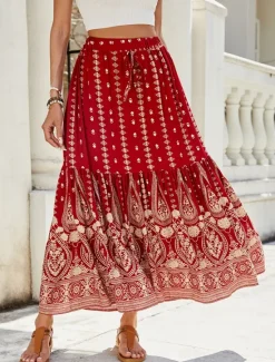 Best Women's Swing Bohemia Fashion Casual Maxi High Waist Skirts Graphic Print Micro-elastic Street Daily Red Blue Green Summer Rayon Women Skirts
