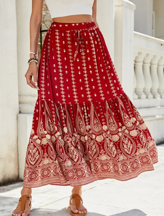 Best Women's Swing Bohemia Fashion Casual Maxi High Waist Skirts Graphic Print Micro-elastic Street Daily Red Blue Green Summer Rayon Women Skirts