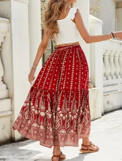 Best Women's Swing Bohemia Fashion Casual Maxi High Waist Skirts Graphic Print Micro-elastic Street Daily Red Blue Green Summer Rayon Women Skirts