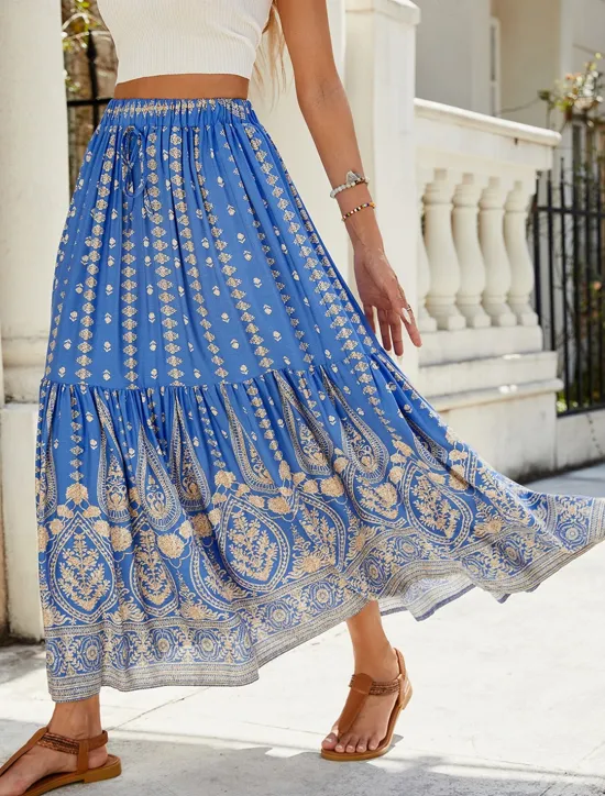Best Women's Swing Bohemia Fashion Casual Maxi High Waist Skirts Graphic Print Micro-elastic Street Daily Red Blue Green Summer Rayon Women Skirts